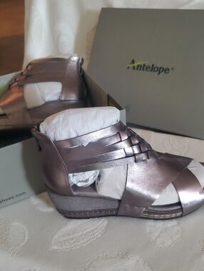 Antelope Metallic Pewter Woven Leather Wedge Sandals - Shimmery Gray